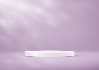 Empty purple studio room background. Purple background vector 3d with white podium. Empty room with shadow leaves. Space for selling products on the website. Vector illustration.