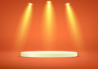 Orange background vector 3d with beige podium space for selling products, backdrop, wallpaper, background, text. Empty room with light effect. Vector illustration.