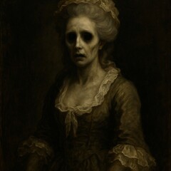 Haunting Portrait of a Ghostly Woman in 18th-Century Baroque Attire