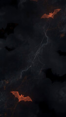 Halloween background with dark cave, bats, spiderwebs, and spooky ambiance. Suitable for Halloween party invitations, social media posts, or website banners.