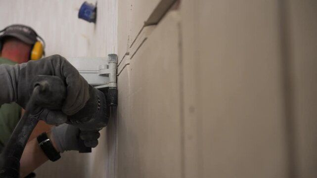 Construction worker wearing protective gloves and ear protection uses a wall chaser to create a groove in a wall, preparing it for cable laying