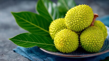 Close-up of Fresh Green Breadfruit on Plate with Leaves
