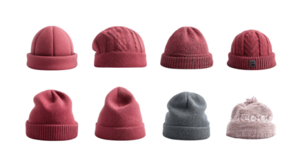 Eight Winter Beanies on Transparent Background