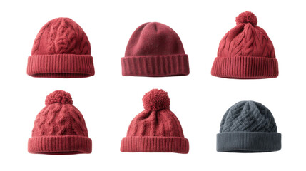 Six Winter Knit Hats on Transparent Background