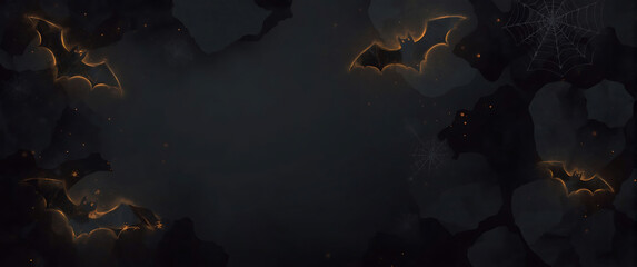 Halloween background with dark cave, bats, spiderwebs, and spooky ambiance. Suitable for Halloween party invitations, social media posts, or website banners.