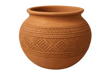Clay pot with traditional african patterns, isolated on transparent background, perfect for showcasing cultural heritage or adding an earthy touch to designs