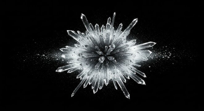 Abstract crystalline explosion radiating sharp icy shards on black background