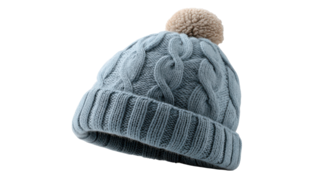 Blue Cable Knit Winter Beanie with Pom Pom on transparent background