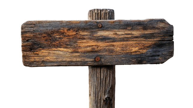 Weathered wooden sign post with blank space for custom text and navigation message standing against white backdrop Isolated On White and Cutout