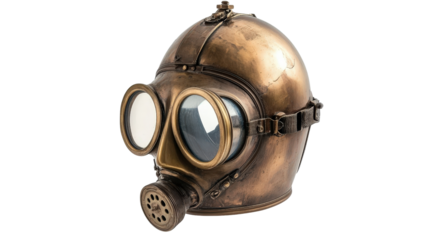Diving helmet, vintage brass and glass design Transparent background, PNG