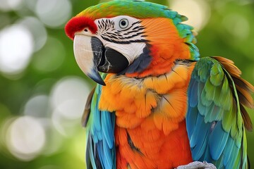 Fototapeta premium Colorful exotic parrot with vibrant green, yellow, red, and blue feathers perched on branch in lush tropical jungle