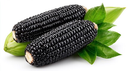 Two Ears of Black Corn with Lush Green Husks