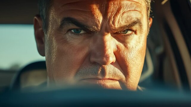 Stern-faced Driver Gripping Steering Wheel