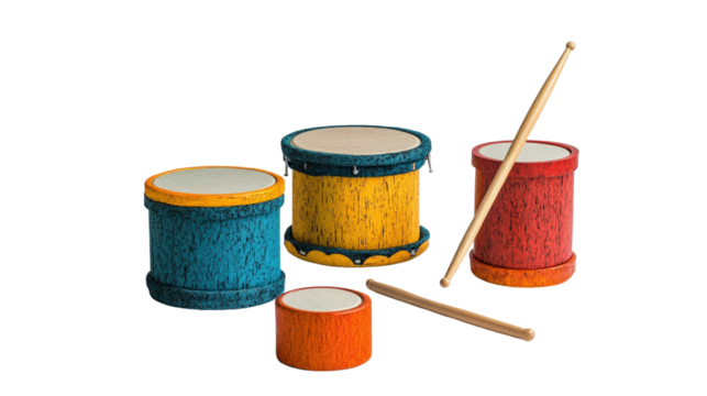 DIY handmade drum set with recycled materials, eco-friendly concept Transparent background, PNG