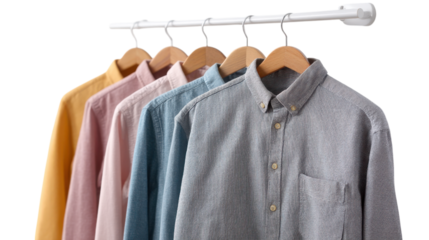 Five Men s Casual Shirts Hanging on Rack on Transparent Background