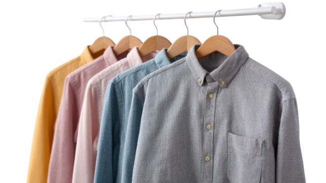 Five Men s Casual Shirts Hanging on Rack on Transparent Background