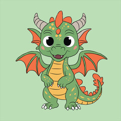 Green cartoon dragon vector illustration cute funny fantasy animal design art