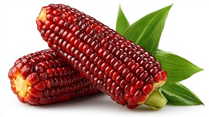 Two Red Corn Cob with Green Leaves