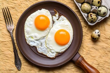 Fried Quail Eggs Breakfast on Brown Pan with Vintage Fork and Egg Carton