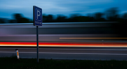 Parking Area At Night With Car Headlights Trails And Motion Blurred Truck