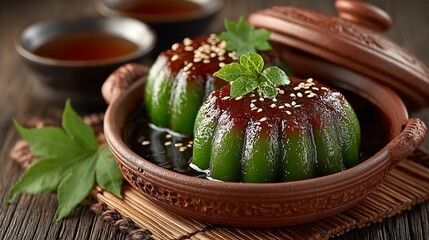 Delectable Matcha Puddings in Earthenware Bowl