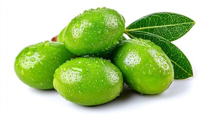Fresh Green Olives with Dew Drops and Leaves