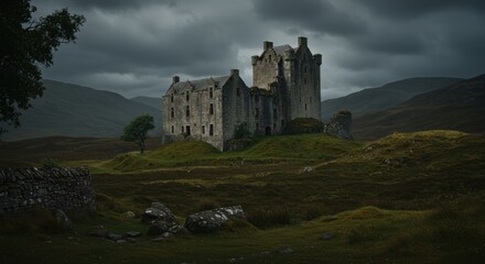 Fototapeta premium Dramatic ancient stone fortress standing on a grassy hill under a dark and foreboding sky