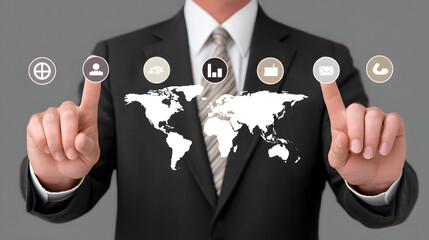 Global Businessman: A businessman in a sharp suit interacts with a digital world map overlaid on his chest, highlighting global reach and interconnectedness.  The image features interactive icons.