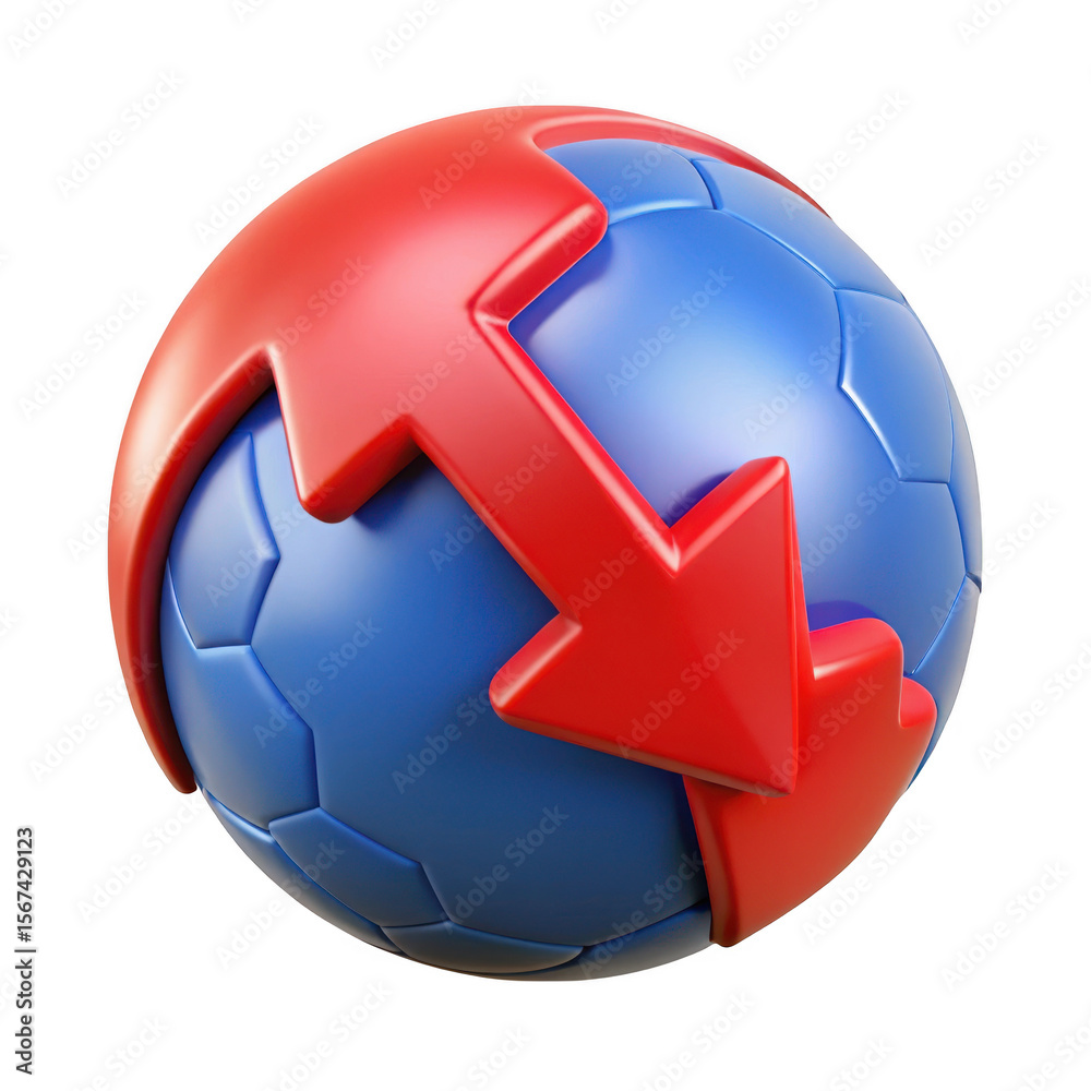 Fototapete abstract 3d rendering of a blue soccer ball with red arrows indicating movement or cycle isolated on
