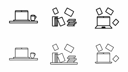 Collection of six simple line art icons representing study and work setups isolated on white background
