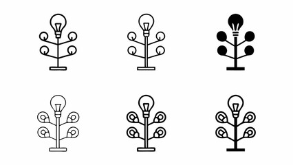 Set of six light bulb tree icons representing ideas and innovation isolated on white background