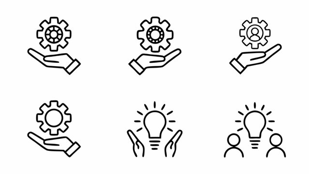 Set of six line art icons representing innovation teamwork and problem solving isolated on white background