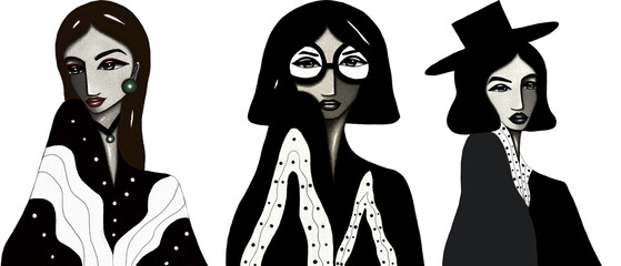 Set of black and white, bw portraits, paintings, illustrations, drawings, in contemporary, traditional, retro art style of young, fashion, beautiful woman, girl, hat, glasses, PNG, isolated, cut out