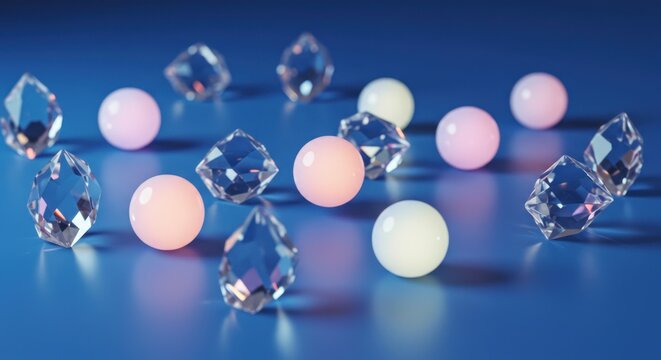 Elegant arrangement of crystal prisms and pastel spheres creating a serene atmosphere - Powered by Adobe