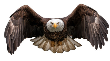 Obraz premium Bald eagle with wings spread wide, intense gaze, detailed feathers, isolated on transparency background, symbol of strength and freedom, majestic bird of prey, wildlife concept