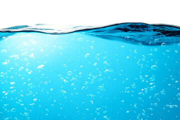 Air Bubbles Float Up in Water. Water Splashing, Pure Drinking Water, Oxygen Relaxation. Blue Water Textured on White Background.	