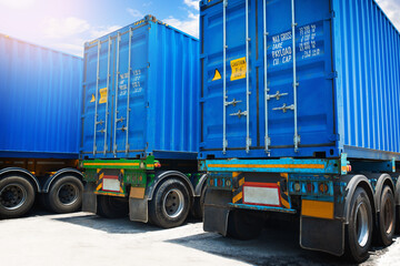 Trailer Trucks Parked on The Parking Lot at The Port. Big Rig. Shipping Cargo Container. Economy Business Transport on Road. Shipping Import- Export. Trucking. Freight Logistics Truck Transportation