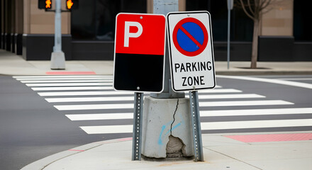 Parking Regulations Displayed By Red And Black Sign Next To No Parking Zone Sign
