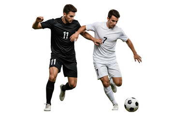 Two male soccer players competing for ball in match isolated on transparent background