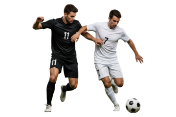 Two male soccer players competing for ball in match isolated on transparent background