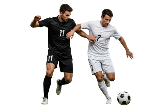 Two male soccer players competing for ball in match isolated on transparent background