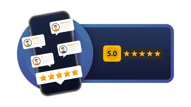 Customer Reviews and Star Rating on Smartphone Screen – Isolated on White Background