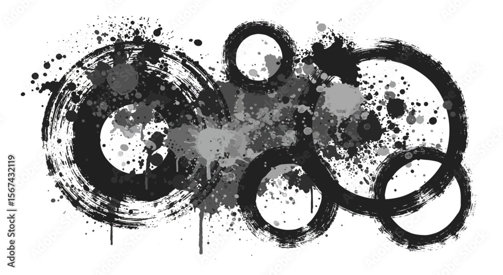 Poster dynamic brush stroke circles with splatters create artistic abstract background