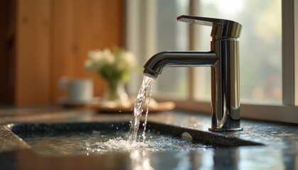 Chrome faucet running water into sink in serene kitchen