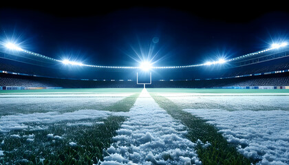 A snowcovered football field at night, brightly lit by stadium lights