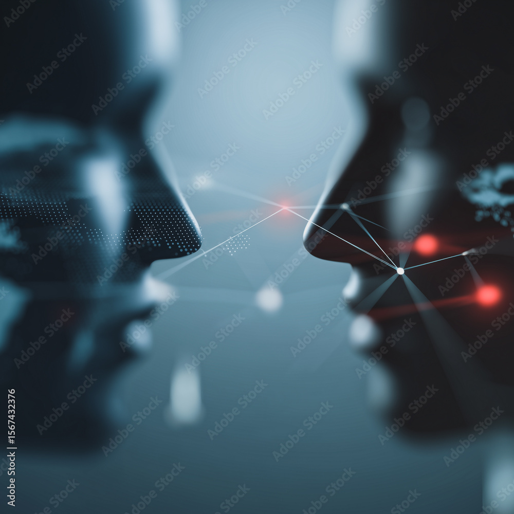 Aufkleber ai connection: two ai faces with network connection lines between them, symbolizing artificial intel