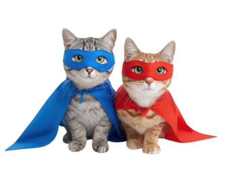 Two cats wearing superhero costume, blue and red mask and cape, sitting together, isolated on transparency background, playful and cute animal friendship concept