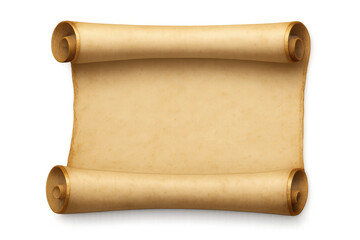 Parchment scroll with golden borders is unrolled, showing blank paper, on transparent background, ready for your message