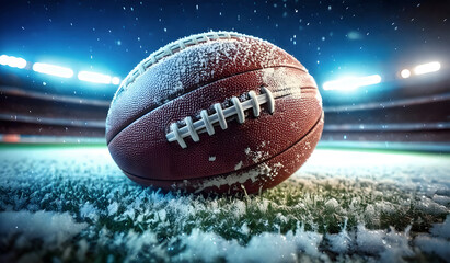 Closeup of a snowcovered football in a stadium at night