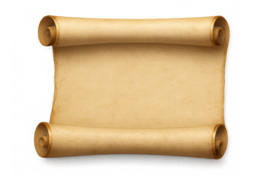 Parchment scroll with golden borders is unrolled, showing blank paper, on transparent background, ready for your message